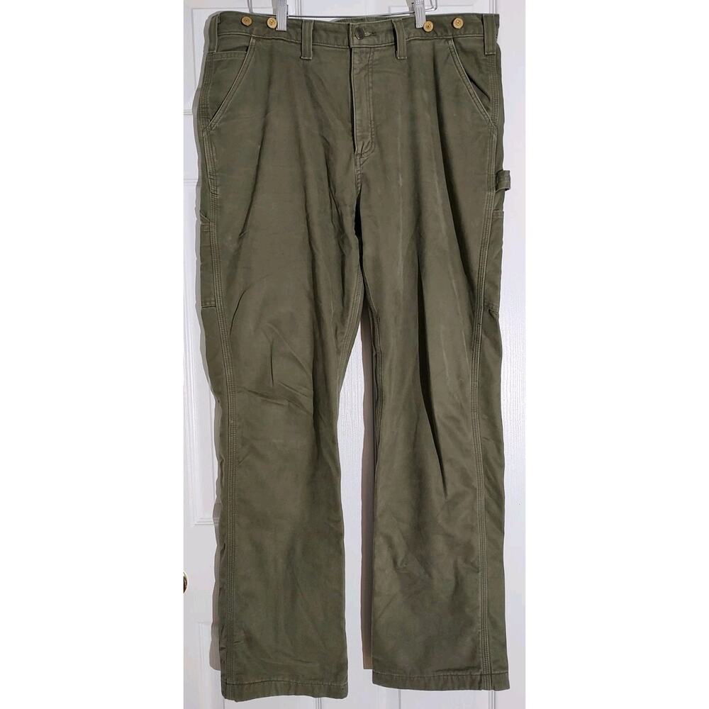 Men'Carhartt Washed Twill Dungaree Flannel Lined Pants 100070-301 Green 38 X 34